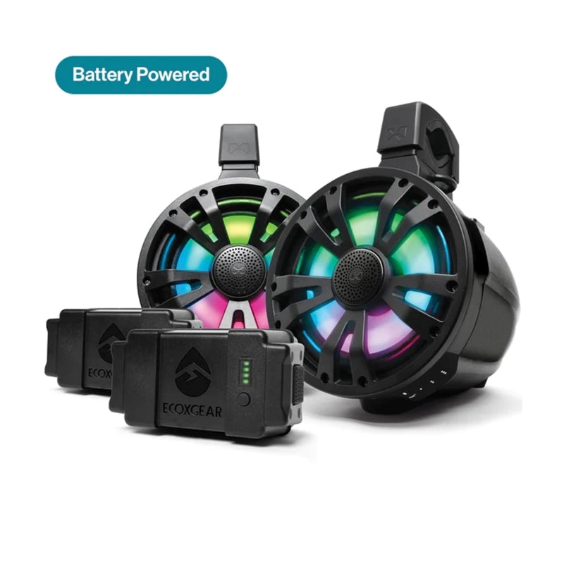 ECOXGEAR ETBB08 2-Pack 8 Inch Marine Amplified Speakers + 2 Battery Pack (Black/White)