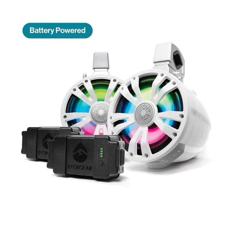 ECOXGEAR ETBB08 2-Pack 8 Inch Marine Amplified Speakers + 2 Battery Pack (Black/White)