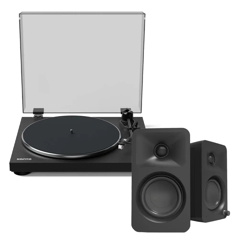 KANTO OBI3 Turntable (Matte Black) with KANTO ORA 100W Powered Speakers (Black) Bundle Kanto