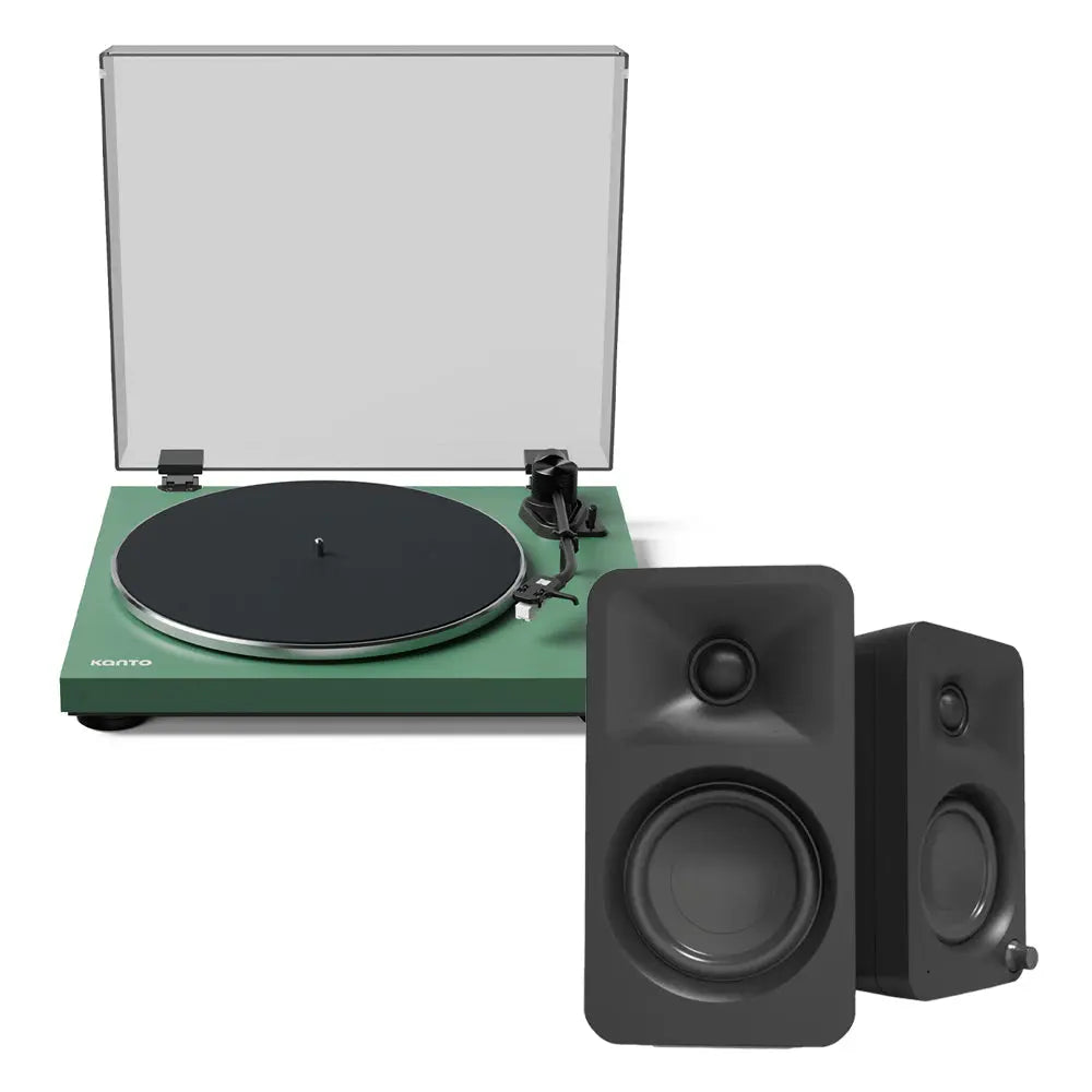 KANTO OBI3 Turntable (Matte Green) with KANTO ORA 100W Powered Speakers (Black) Bundle Kanto