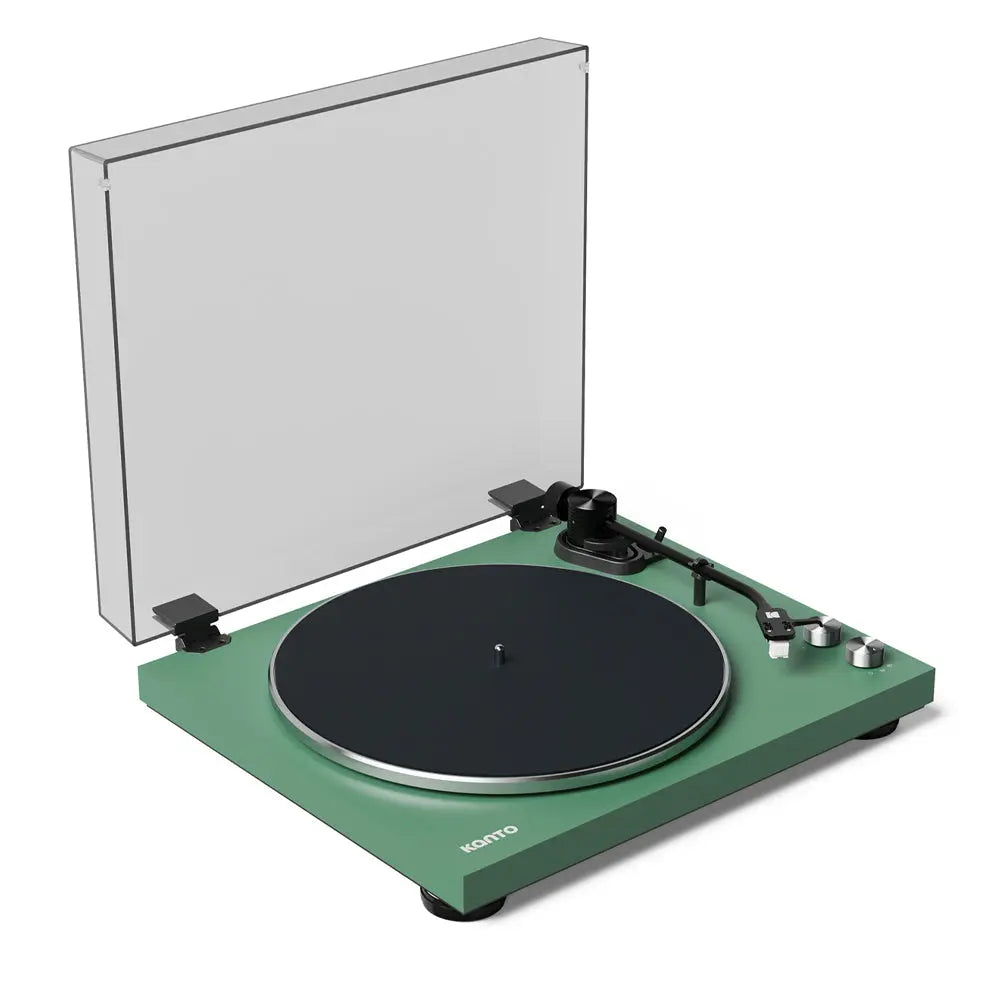 KANTO OBI3 Turntable (Matte Green) with KANTO ORA 100W Powered Speakers (Black) Bundle Kanto