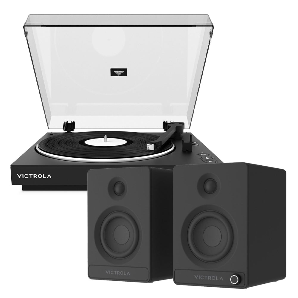 VICTROLA Automatic Turntable + VICTROLA Tempo Bookshelf Speakers Bundle (Black)