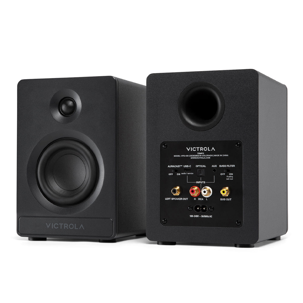 VICTROLA Automatic Turntable + VICTROLA Tempo Bookshelf Speakers Bundle (Black)