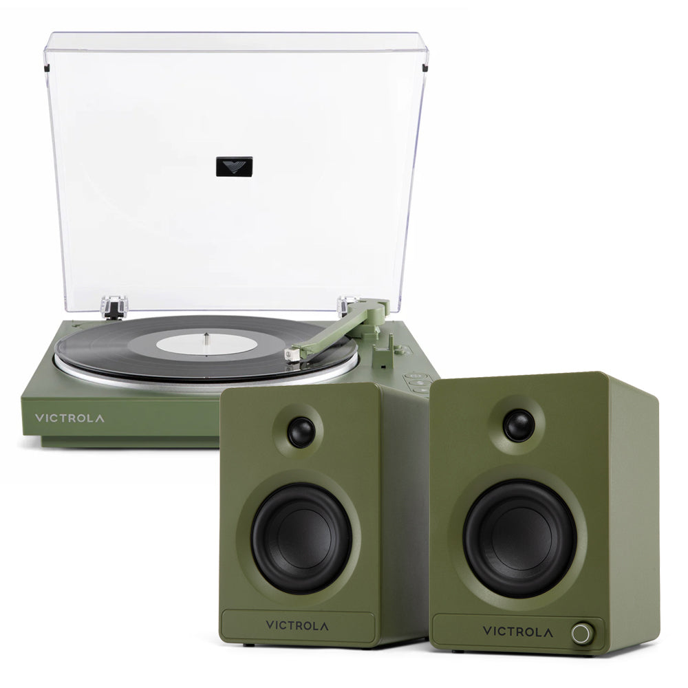 VICTROLA Automatic Turntable + VICTROLA Tempo Bookshelf Speakers Bundle (Green)