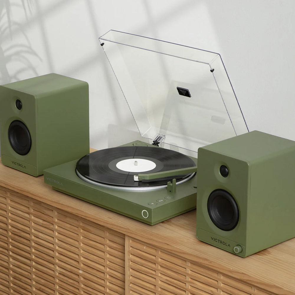 VICTROLA Automatic Turntable + VICTROLA Tempo Bookshelf Speakers Bundle (Green)