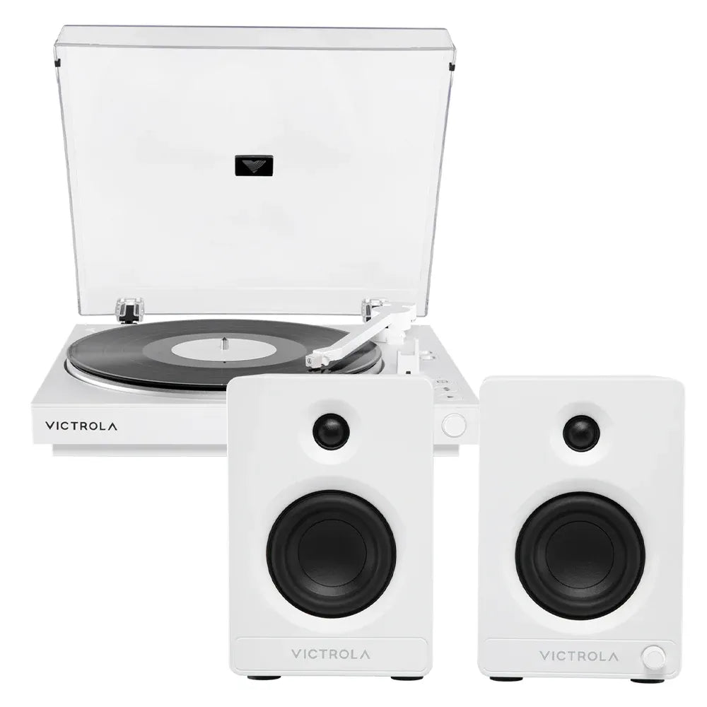 Victrola Automatic Turntable + Victrola Tempo Bookshelf Speakers Bundle - White Peak Audio & Visual