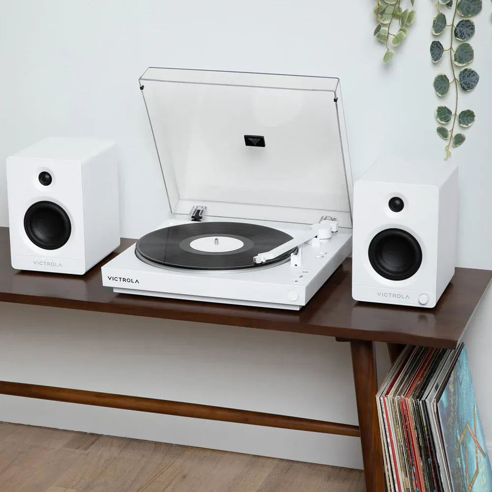Victrola Automatic Turntable + Victrola Tempo Bookshelf Speakers Bundle - White Peak Audio & Visual