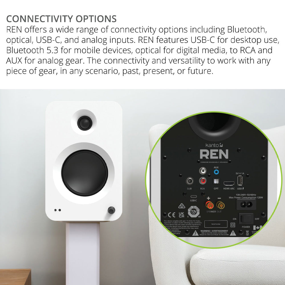 KANTO REN 200W Powered Bookshelf Speakers (Matte White)